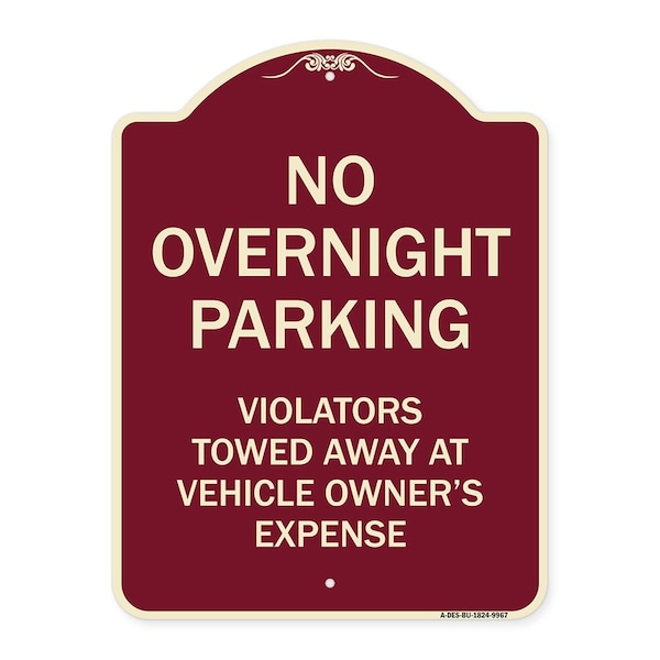 Signmission Designer Series-No Overnight Parking, Burgungy Heavy-Gauge Aluminum, 24" x 18", BU-1824-9967 A-DES-BU-1824-9967 - main